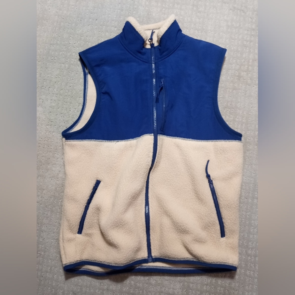 J. Crew Sherpa Mockneck Vest Mens Size Large Beige Blue Zipper Pockets